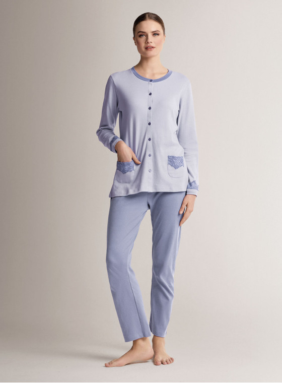 Cotton round-neck open-front pyjamas with open-front long-sleeve top and long straight-leg trousers
