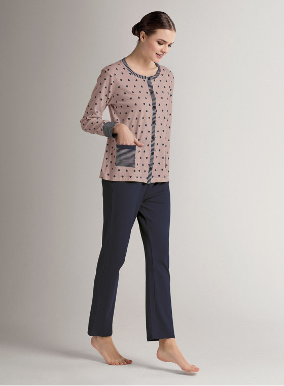 Cotton round-neck open-front pyjamas with open-front long-sleeve top and long straight-leg trousers
