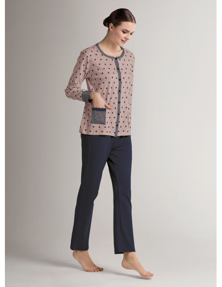 Cotton round-neck open-front pyjamas with open-front long-sleeve top and long straight-leg trousers