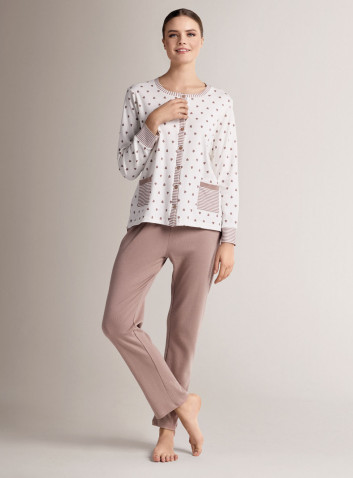 Cotton round-neck open-front pyjamas with open-front long-sleeve top and long straight-leg trousers