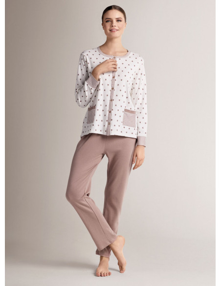 Cotton round-neck open-front pyjamas with open-front long-sleeve top and long straight-leg trousers