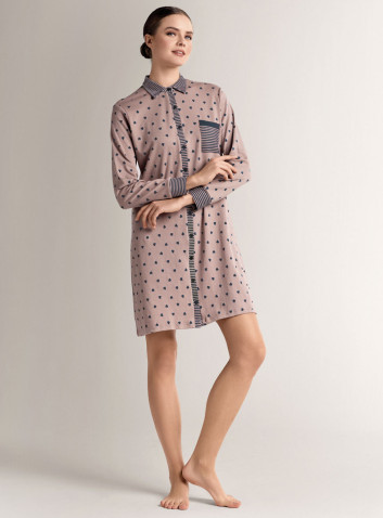 Camicia da notte aperta collo camicia in cotone con maniche lunghe, apertura frontale e collo camicia