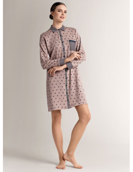 Cotton shirt-collar open-front nightdress with long sleeves, button front and shirt collar
