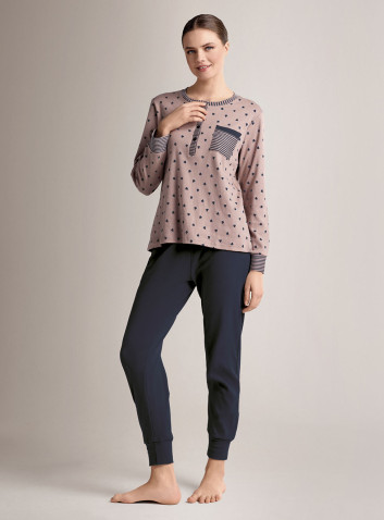 Pigiama serafino in cotone con maglia a maniche lunghe e pantalone lungo con polsi