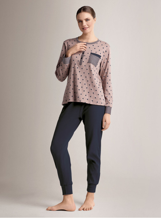 Pigiama serafino in cotone con maglia a maniche lunghe e pantalone lungo con polsi