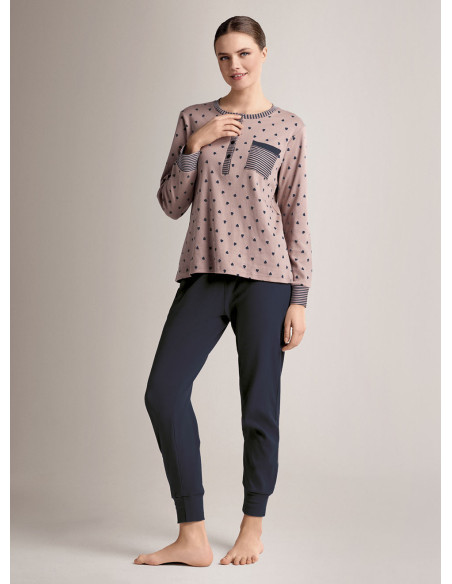 Pigiama serafino in cotone con maglia a maniche lunghe e pantalone lungo con polsi