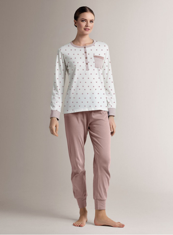 Pigiama serafino in cotone con maglia a maniche lunghe e pantalone lungo con polsi