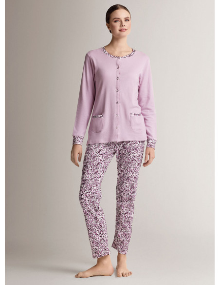 Cotton round-neck open-front pyjamas with open-front long-sleeve top and long straight-leg trousers