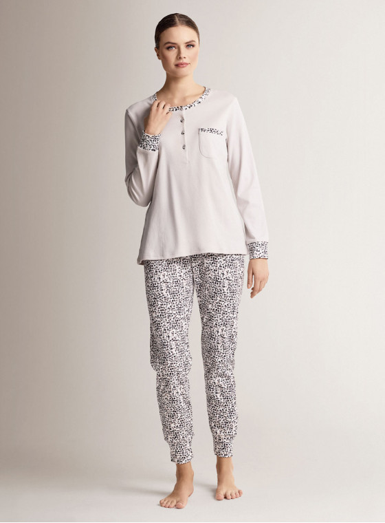 Pigiama serafino in cotone con maglia a maniche lunghe e pantalone lungo con polsi