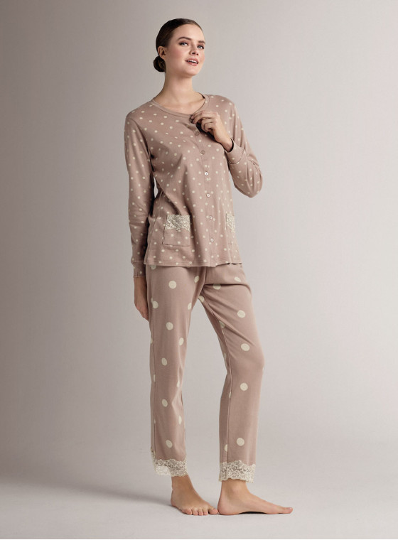 Cotton round-neck open-front pyjamas with open-front long-sleeve top and long straight-leg trousers