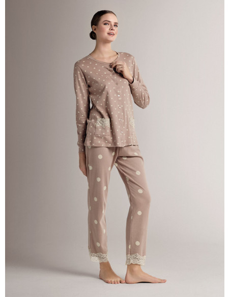 Cotton round-neck open-front pyjamas with open-front long-sleeve top and long straight-leg trousers
