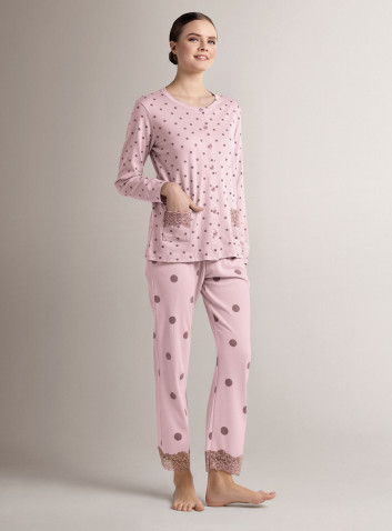 Cotton round-neck open-front pyjamas with open-front long-sleeve top and long straight-leg trousers