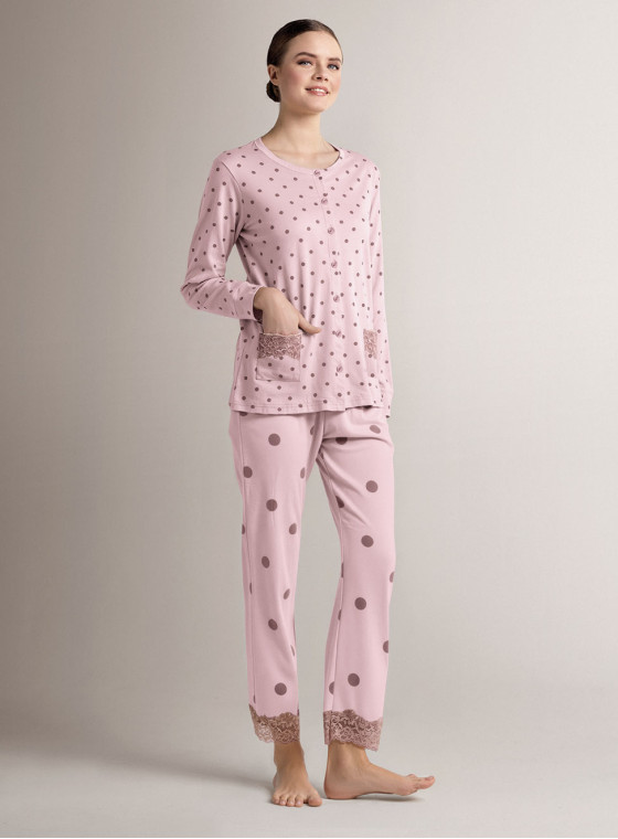Pigiama aperto girocollo in cotone con maglia aperta a maniche lunghe e pantalone lungo dritto