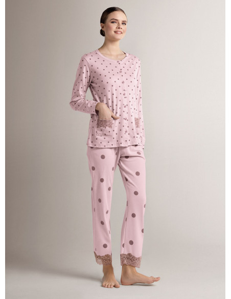 Cotton round-neck open-front pyjamas with open-front long-sleeve top and long straight-leg trousers