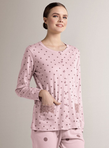 Cotton round-neck open-front pyjamas with open-front long-sleeve top and long straight-leg trousers 2