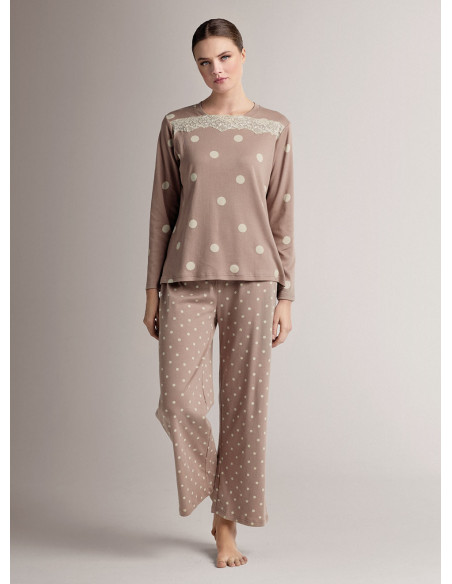 Cotton round-neck pyjamas with long-sleeve top and long wide-leg trousers