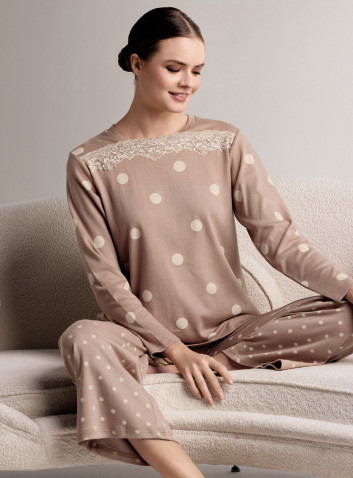 Pigiama girocollo in cotone con maglia a maniche lunghe e pantalone lungo palazzo