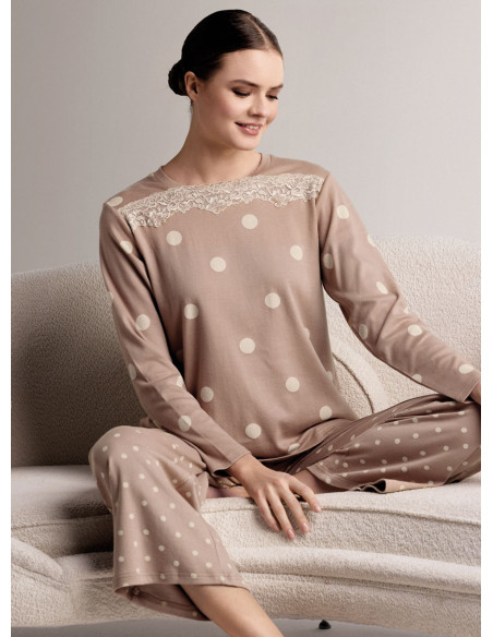 Pigiama girocollo in cotone con maglia a maniche lunghe e pantalone lungo palazzo