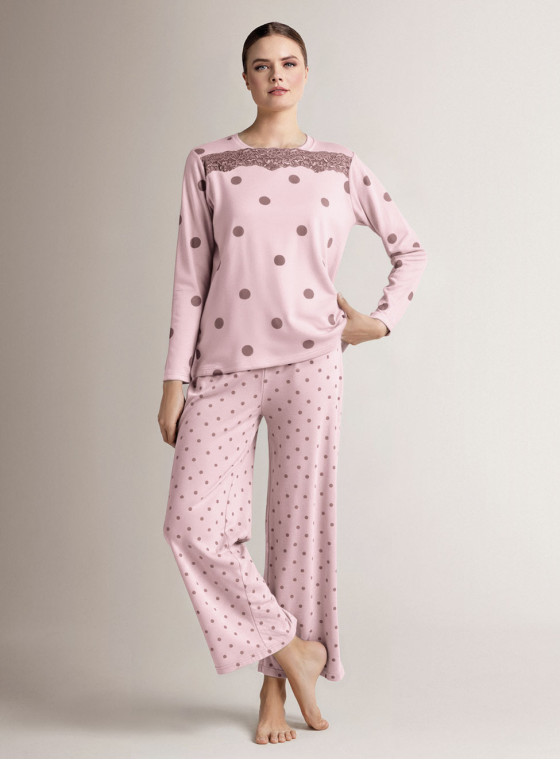 Cotton round-neck pyjamas with long-sleeve top and long wide-leg trousers