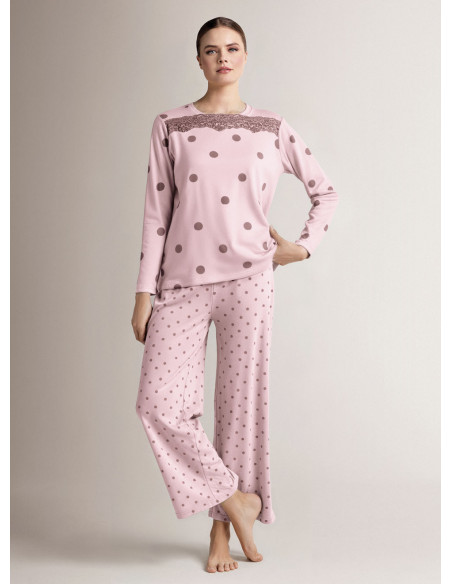Cotton round-neck pyjamas with long-sleeve top and long wide-leg trousers