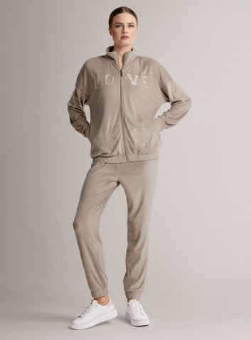 Tuta full zip in velour morbido e luminoso con felpa a maniche lunghe e pantalone lungo con pols