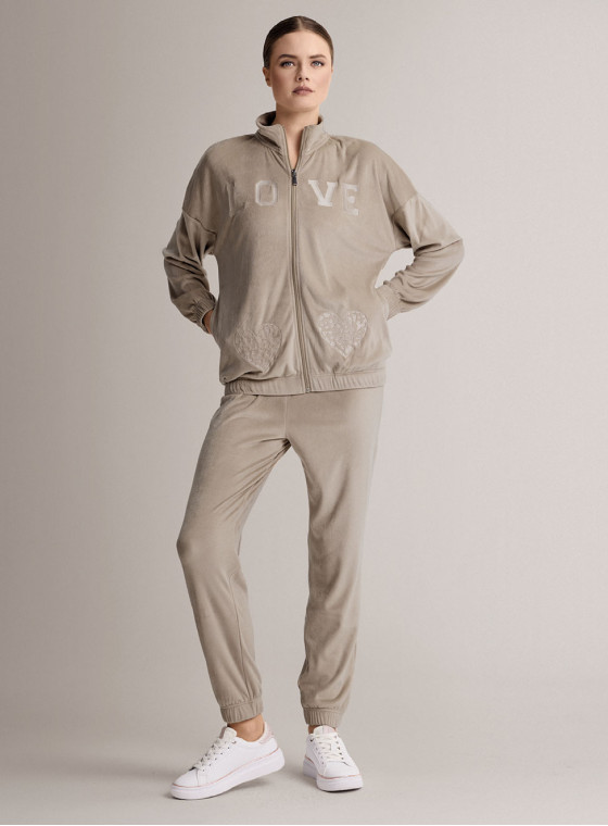 Full-zip loungesuit in soft velour with a smooth sheen with long-sleeve top and long trousers with cuffs