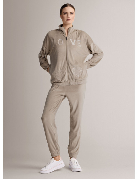 Full-zip loungesuit in soft velour with a smooth sheen with long-sleeve top and long trousers with cuffs