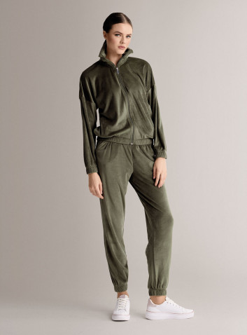 Tuta full zip in velour morbido e luminoso con felpa a maniche lunghe e pantalone lungo con polsi