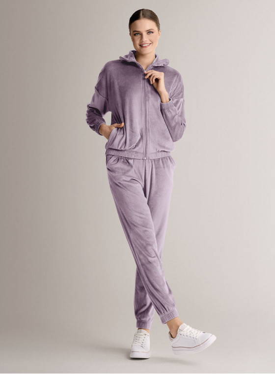 Tuta full zip in velour morbido e luminoso con felpa a maniche lunghe e pantalone lungo con polsi