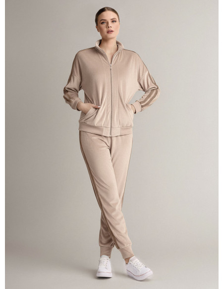 Tuta full zip in velour morbido e luminoso con felpa a maniche lunghe e pantalone lungo con polsi