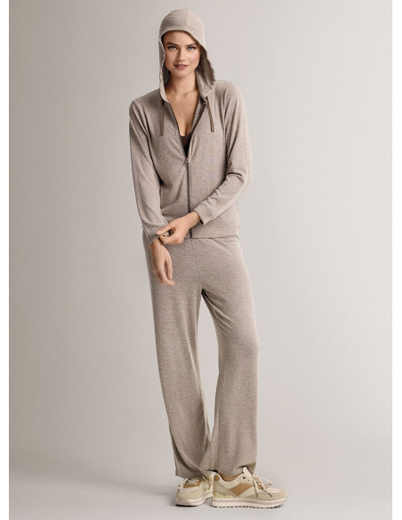 Full-zip hooded loungesuit in soft and comfortable knit with long-sleeve top and long wide-leg trousers