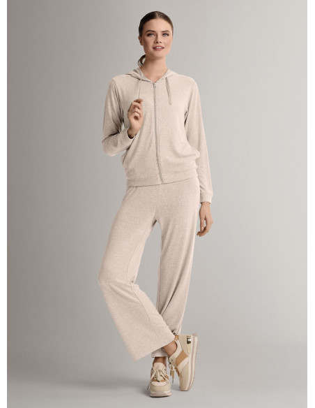 Full-zip hooded loungesuit in soft and comfortable knit with long-sleeve top and long wide-leg trousers
