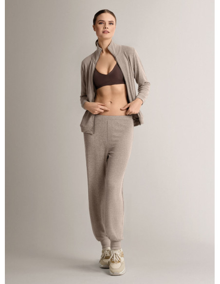 Full-zip loungesuit in soft and comfortable knit with long-sleeve top and long wide-leg trousers