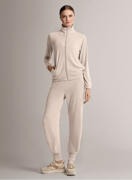 Full-zip loungesuit in soft and comfortable knit with long-sleeve top and long wide-leg trousers