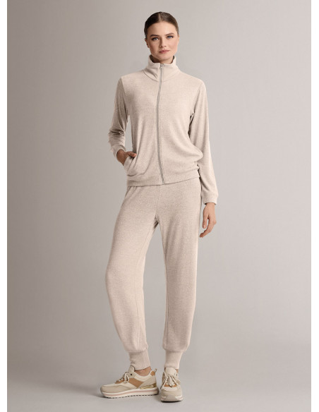 Full-zip loungesuit in soft and comfortable knit with long-sleeve top and long wide-leg trousers
